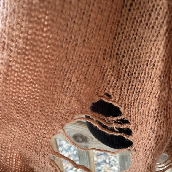 Wildfox Mocha Oversized Knit Shredded Detail Heart Accent Pullover Sweater - Picture 5 of 10